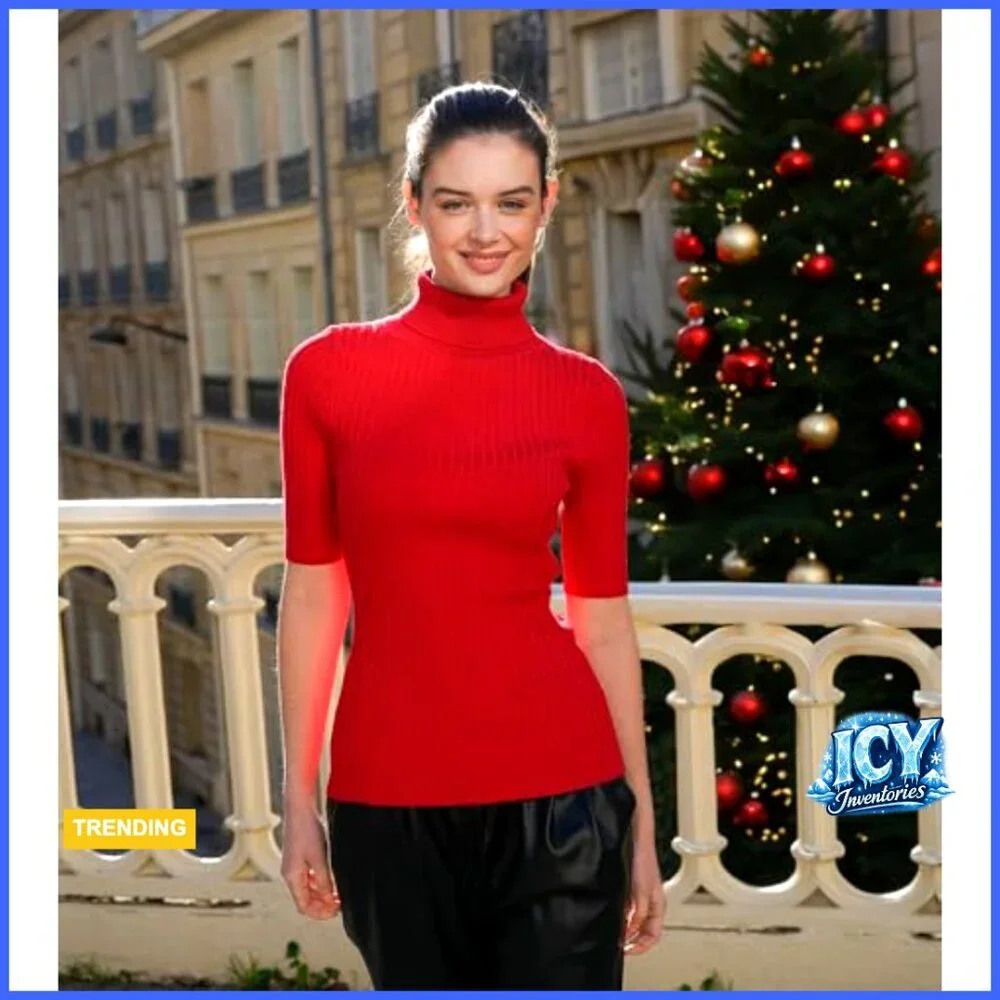 Half Sleeve Turtleneck Ribbed Knit Sweater Slim Fit Stretchy